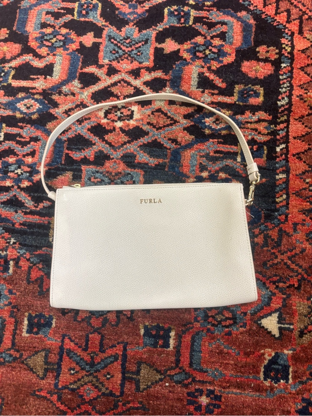 Furla Cream Leather Wristlet Clutch with Gold Logo